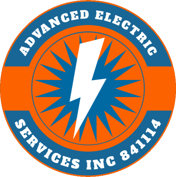 Advanced Electric Services Inc round emblem logo featuring a white lightning bolt and orange starburst on a blue background.